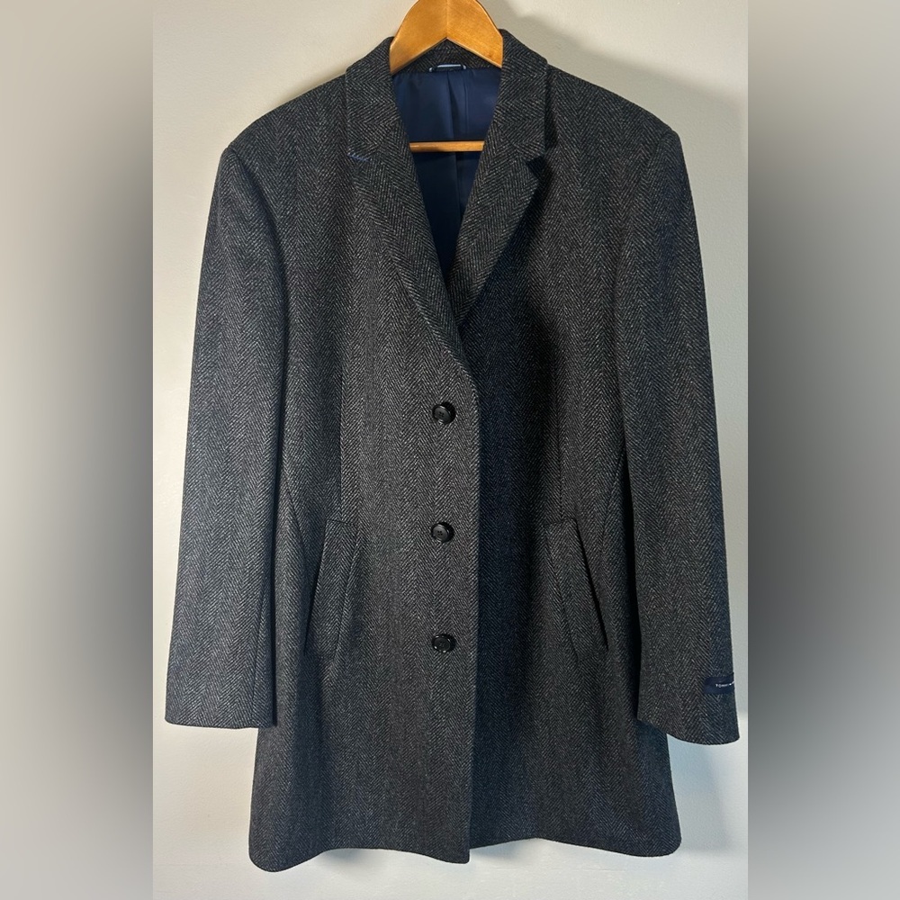 Tommy Hilfiger Mens Gray Twill Wool Knit Formal Overcoat Peacoat R42 Like New